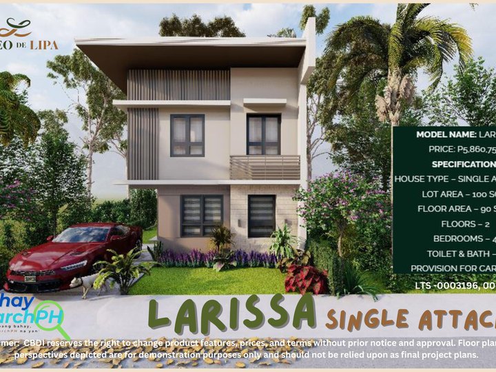 Larissa Single Attached 4-bedroom Single Attached House For Sale in Paseo De Lipa, Lipa Batangas