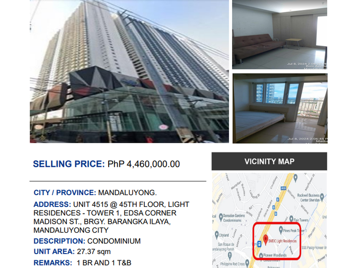 27 sqm 1-bedroom Condo Light Residences SMDC for sale in Mandaluyong City