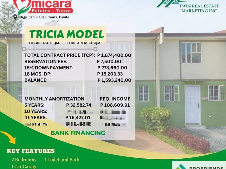 2-bedroom townhouse for sale in Tanza Cavite with 1-car garage (Pre-selling)