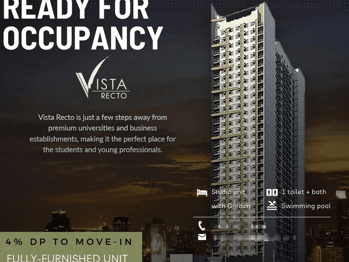 Ready for occupancy Condo beside FEU Manila ONLY 4% DP to move-in