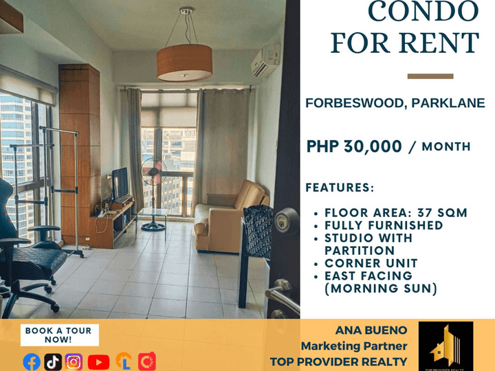 FOR RENT:  Fully Furnished Studio in BGC, 37 sqm, Forbeswood Parklane