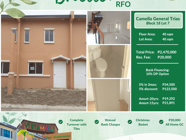 RFO in Cavite | 5% Move-in | Camella Brielle Inner Unit Townhouse 2 BR