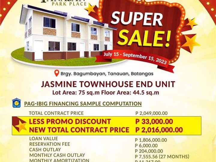 Pre-selling 2-bedroom Townhouse For Sale thru Pag-IBIG in Tanauan