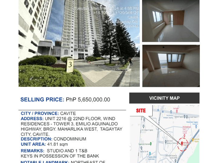 41 SQM CONDO, WIND RESIDENCES TOWER3 IN TAGAYTAY CITY CAVITE