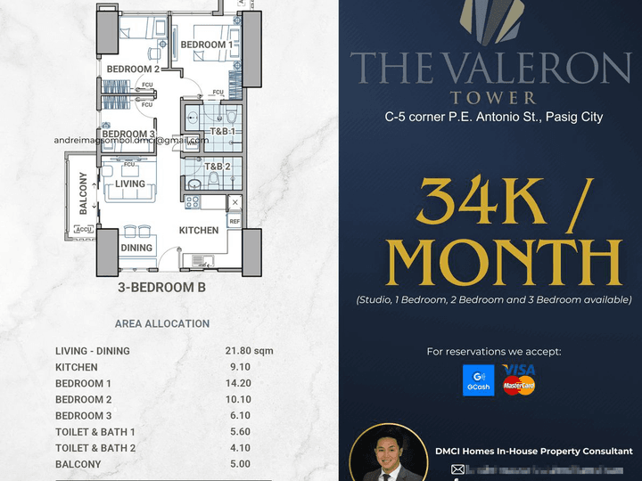 34K/MONTH Preselling Discounted 76.00 sqm 3-bedroom Condo For Sale in Pasig Metro Manila