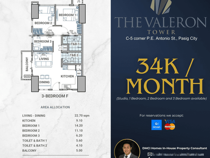 34K/MONTH Preselling Discounted 78.00 sqm 3-bedroom Condo For Sale in Pasig Metro Manila