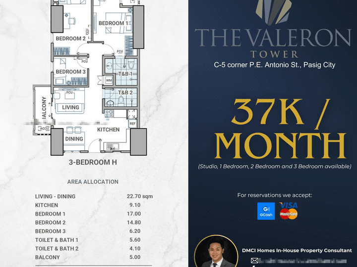 37K/MONTH Discounted 84.50 sqm 3-bedroom Condo For Sale in Pasig Metro Manila by DMCI