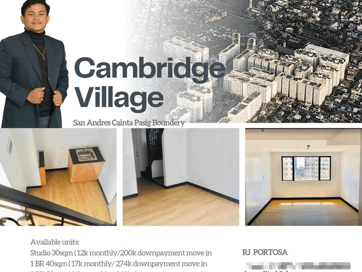 1BR LOFT TYPE 17k monthly 40sqm at Cambridge Village in Pasig Cainta Boundery