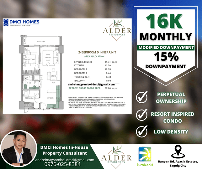 16K MONTHLY for a 2BR 67.00 sqm Preselling Alder Residences by DMCI